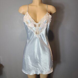 Vtg Slip Mini Dress Babydoll Silky Coquette 90s Feminine Dainty Lace Ice Blue